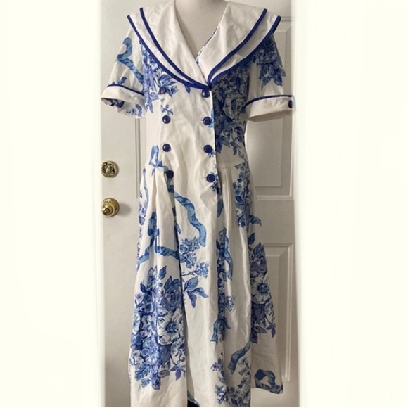 Vintage Sunshine Starshine 80s Toile Porcelain chinoiserie  dress button front - Picture 2 of 11